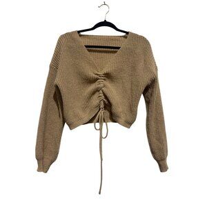 Shein Beige Knit Sweater V-Neck Drawstring Ruched Front Acrylic Size S